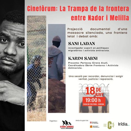 Cartell de l'activitat Cineforum: La trampa de la frontera entre Nador i Melilla. Retrat d'un home jove que mira amb cara pensativa a la càmera. Al costat, la valla fronterissa amb una persona al darrere, a la dreta, una persona mirant des d'un punt alt a sobre d'una ciutat amb cases blanques.