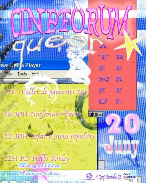 Cineforum Queer
Ateneu Rebel
20 Juny

17h: Taller de pancartes 28J
18:30h: Cineforum Queer
21:30h: Sopar a preus populars
22:00: PD Hello Kinky (Taquilla Inversa)