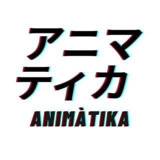 Logo en blanc amb caràcters negres amb efecte glitch que hi diu Animàtika (en katakana)