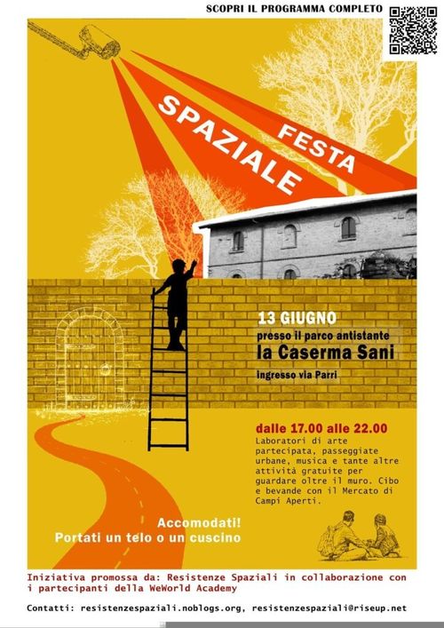 Flyer Festa spaziale, una persona si sporge oltre il muro